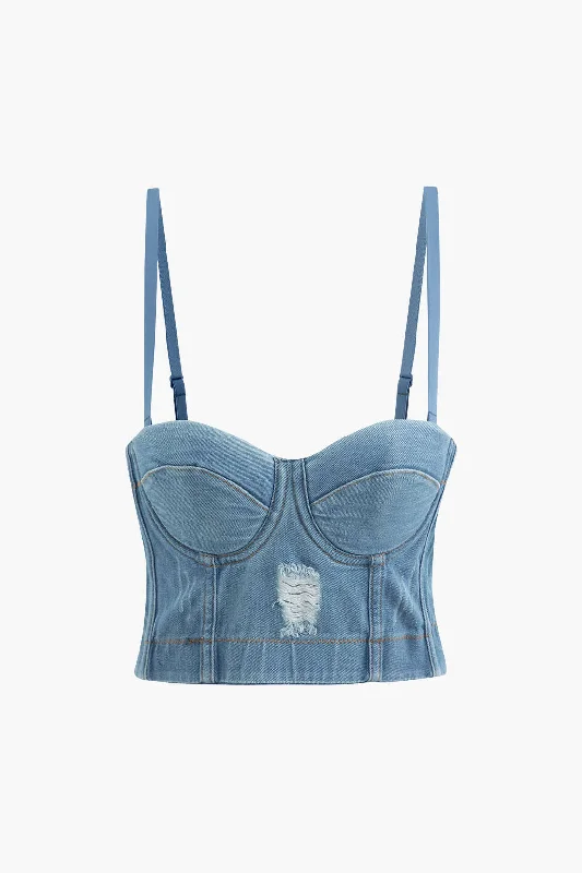 Sun - shielding  Destroyed Hook And Eye Denim Bustier Cami Top