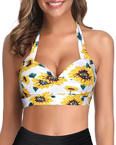 Thick Band Halter Retro Bathing Suit Top-White And Sunflower